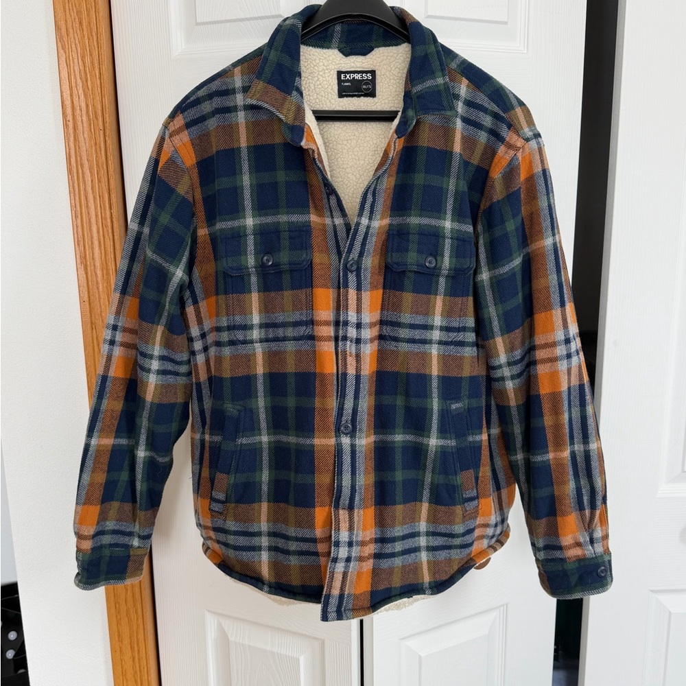 Express Men's Plaid Shirt Jacket - Navy and Orange